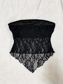 Attitoon Women Casual Lace Fabric Asymmetrical Hem Bodycon Tube Top, Retro, Suitable For Y2K Style With Bra Black Strapless - Black - View 5