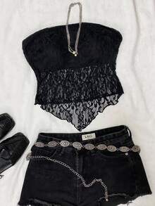 Attitoon Women Casual Lace Fabric Asymmetrical Hem Bodycon Tube Top, Retro, Suitable For Y2K Style With Bra Black Strapless - Black - View 1