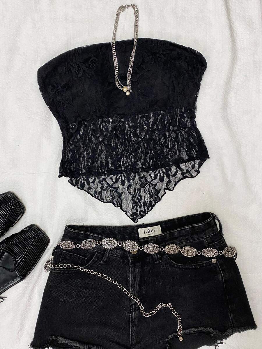 Attitoon Women Casual Lace Fabric Asymmetrical Hem Bodycon Tube Top, Retro, Suitable For Y2K Style With Bra Black Strapless - Black - View 1