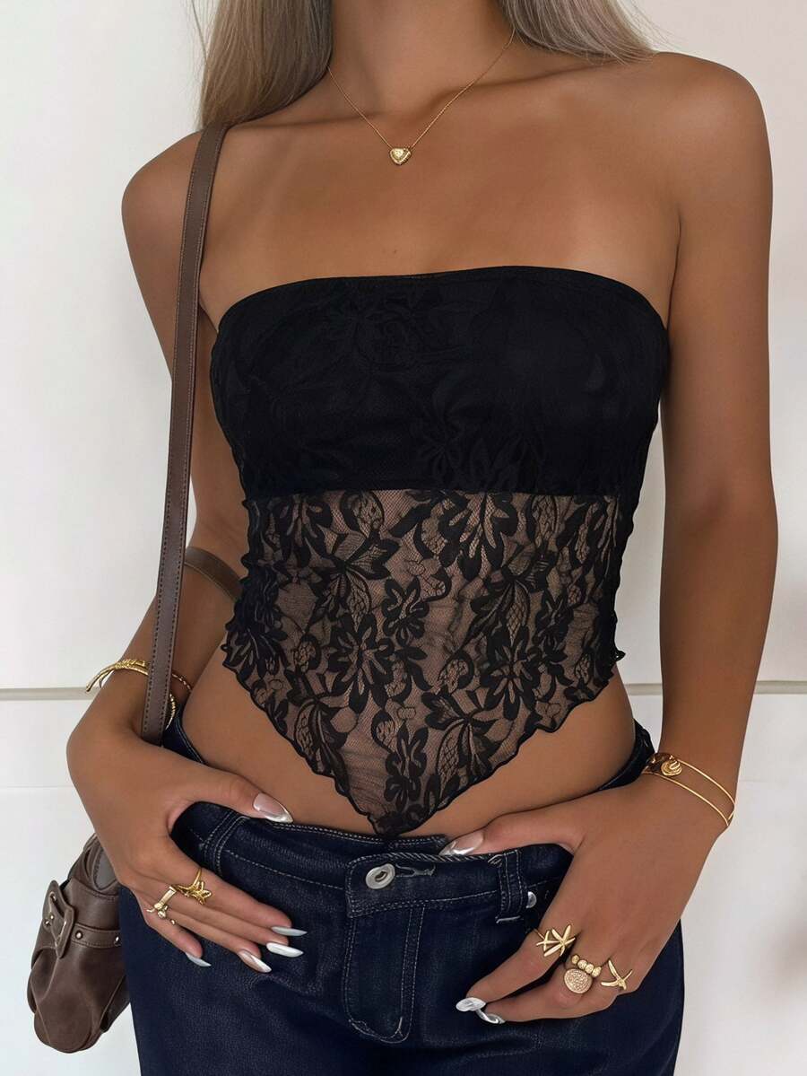 Attitoon Women Casual Lace Fabric Asymmetrical Hem Bodycon Tube Top, Retro, Suitable For Y2K Style With Bra Black Strapless - Black - View 1