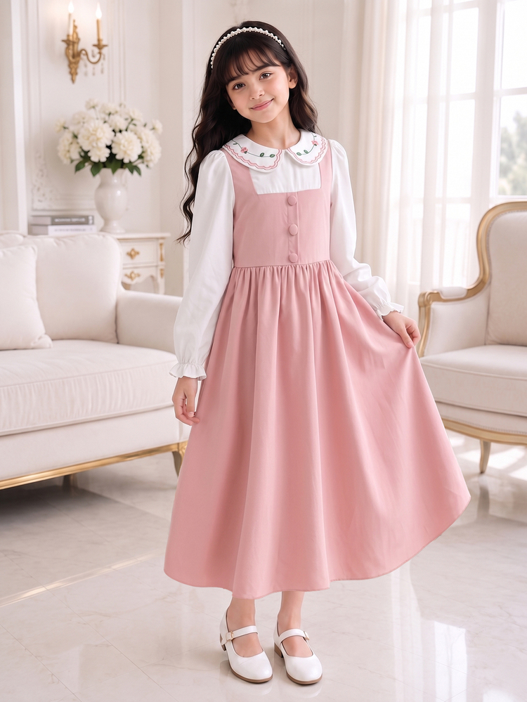 Girls Dress, Collar With Exquisite Floral Pattern, Puff Long Sleeves With Cuffed Frill Trim Suspender-Style Patchwork Fall Clothes,Back To School - Multicolor - View 4