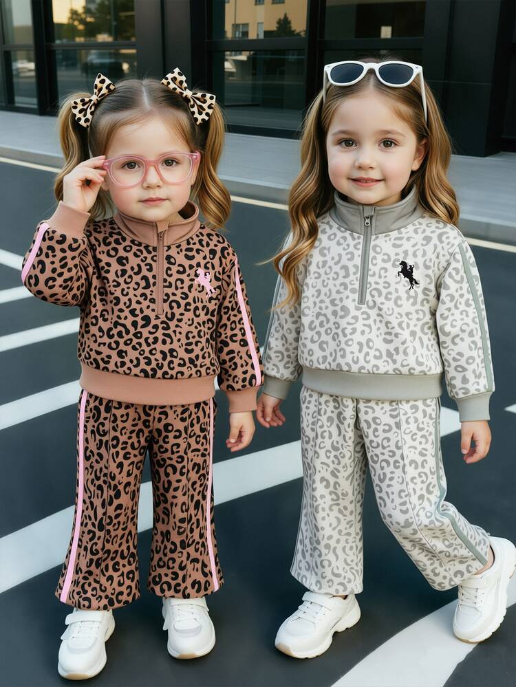 SHEIN Playful Pals Baby Girl Cool Leopard Print 2 Pieces Set, Spring/Autumn Versatile Casual Cute Sports Outfit, Stand Collar Half-Zip Sweatshirt, Brown Side Stripe - Brown - View 5