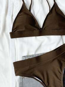 Swim Basics Summer Beach Solid Bikini Set Triangle Bra & High Waisted Bottom 2 Piece Bathing Suit - Coffee Brown - View 4