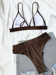Swim Basics Summer Beach Solid Bikini Set Triangle Bra & High Waisted Bottom 2 Piece Bathing Suit - Coffee Brown - View 3