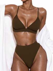 Swim Basics Summer Beach Solid Bikini Set Triangle Bra & High Waisted Bottom 2 Piece Bathing Suit - Coffee Brown - View 2