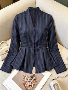 Lumivelle Women's Commuter Vertical Striped V-Neck Single-Breasted Blouse With Cinched Waist And Ruffle Hem, Slimming Long Sleeve Jacket - Blue - View 4