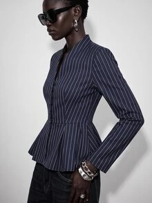 Lumivelle Women's Commuter Vertical Striped V-Neck Single-Breasted Blouse With Cinched Waist And Ruffle Hem, Slimming Long Sleeve Jacket - Blue - View 3