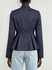 Lumivelle Women's Commuter Vertical Striped V-Neck Single-Breasted Blouse With Cinched Waist And Ruffle Hem, Slimming Long Sleeve Jacket - Blue - View 2