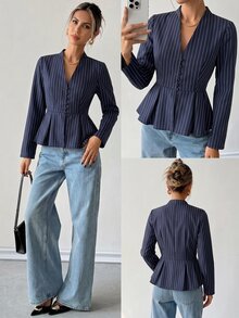 Lumivelle Women's Commuter Vertical Striped V-Neck Single-Breasted Blouse With Cinched Waist And Ruffle Hem, Slimming Long Sleeve Jacket - Blue - View 1