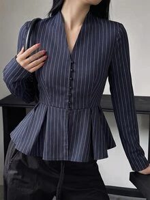 Lumivelle Women's Commuter Vertical Striped V-Neck Single-Breasted Blouse With Cinched Waist And Ruffle Hem, Slimming Long Sleeve Jacket - Blue - View 8
