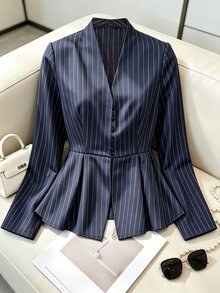 Lumivelle Women's Commuter Vertical Striped V-Neck Single-Breasted Blouse With Cinched Waist And Ruffle Hem, Slimming Long Sleeve Jacket - Blue - View 5