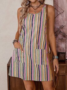 LanaWest Western Style Colorblock Pink And White Striped Casual Mini Dress For Women Beach Vacation Summer - Pink - View 3