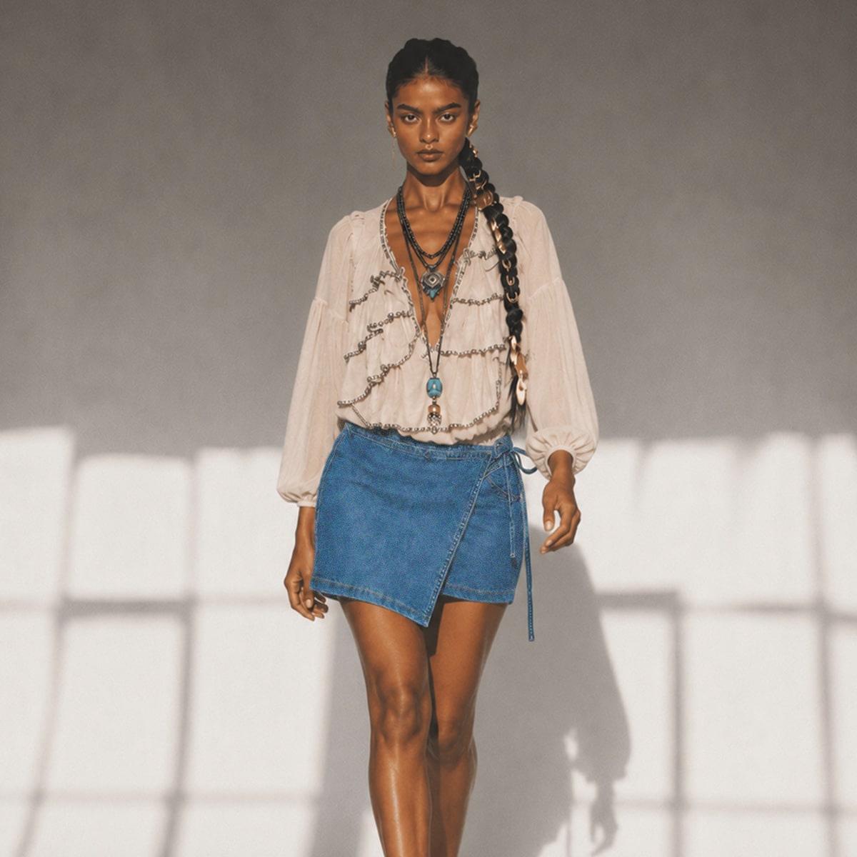 Mid Wash Denim Tie Front Wrap Detail Skort, view 8
