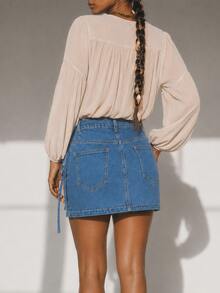 Zerodot Women Mid Wash Denim Tie Front Wrap Detail Skort Casual Daily Fall Pre Fall - Medium Wash - View 4