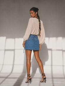 Zerodot Women Mid Wash Denim Tie Front Wrap Detail Skort Casual Daily Fall Pre Fall - Medium Wash - View 2