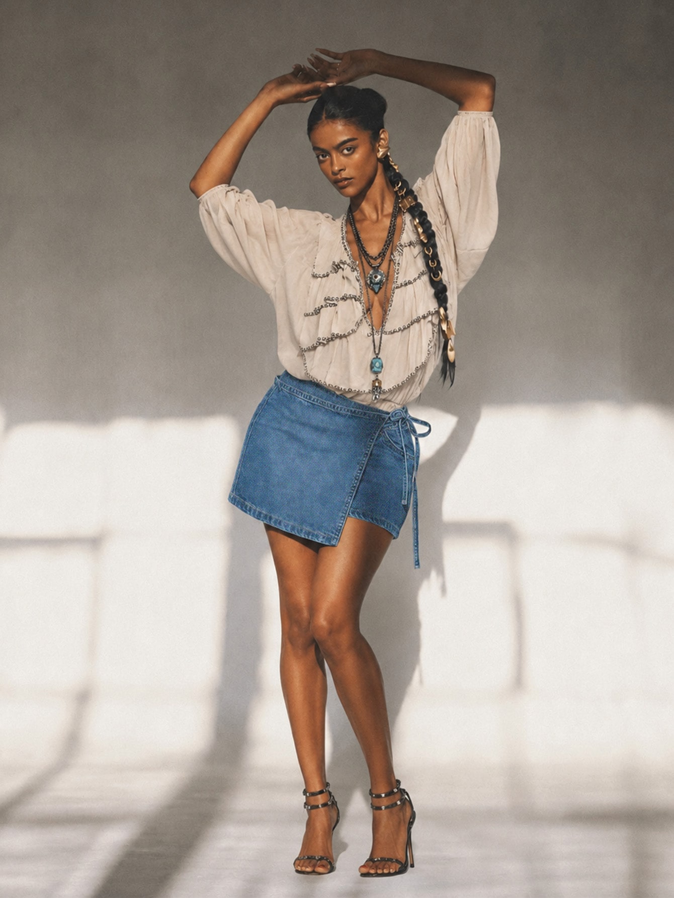 Mid Wash Denim Tie Front Wrap Detail Skort