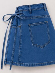 Zerodot Women Mid Wash Denim Tie Front Wrap Detail Skort Casual Daily Fall Pre Fall - Medium Wash - View 5
