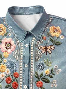SHEIN Holidaya Blus Wanita Motif Kupu-kupu Bunga Efek Denim - MultiWarna - View 5