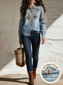 SHEIN Holidaya Blus Wanita Motif Kupu-kupu Bunga Efek Denim - MultiWarna - View 4