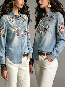 SHEIN Holidaya Blus Wanita Motif Kupu-kupu Bunga Efek Denim - MultiWarna - View 3