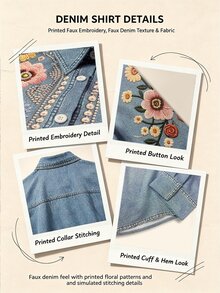 SHEIN Holidaya Blus Wanita Motif Kupu-kupu Bunga Efek Denim - MultiWarna - View 8