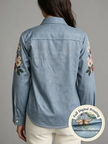 SHEIN Holidaya Blus Wanita Motif Kupu-kupu Bunga Efek Denim - MultiWarna - View 2