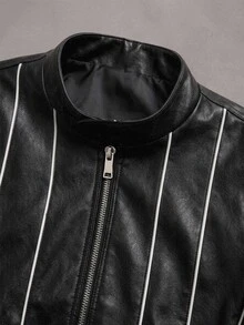 PAVTROS Men's Fashion Striped Colorblock Zipper PU Material Jacket - Black - View 5