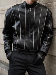 PAVTROS Men's Fashion Striped Colorblock Zipper PU Material Jacket - Black - View 2