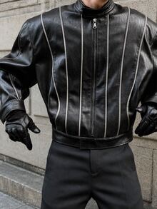 PAVTROS Men's Fashion Striped Colorblock Zipper PU Material Jacket - Black - View 1