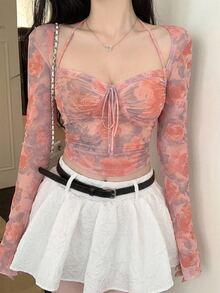 DAZY 2-In-1 Pink Floral Ditsy Drawstring Tied Slim Fit Women Long Sleeve T-Shirt, Suitable For Valentine's Day, Autumn Clothes Crop Tops Graphic Tee - Coral Orange - View 2