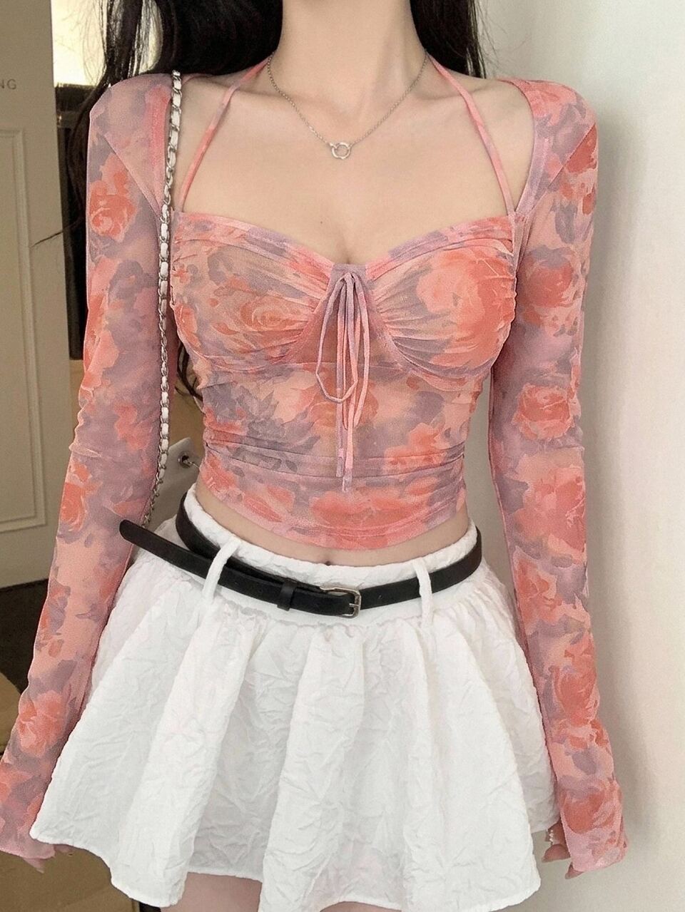 2-In-1 Rose & Ditsy Floral Drawstring Tied Slim Fit Women Long Sleeve T-Shirt, Suitable For Valentine's Day,Fall Clothes Crop Women Tops Graphic Tee