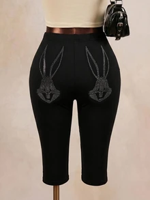 LOONEY TUNES X SHEIN Women's Rabbit Rhinestone Decor Leggings - Black - View 3