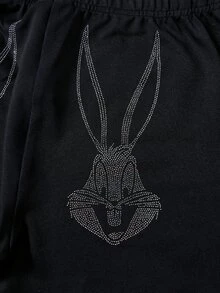 LOONEY TUNES X SHEIN Women's Rabbit Rhinestone Decor Leggings - Black - View 4