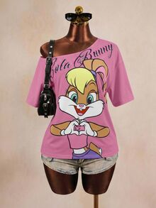 LOONEY TUNES X SHEIN 女款字母卡通印花不對稱肩短袖T恤 - 粉色 - 查看 3