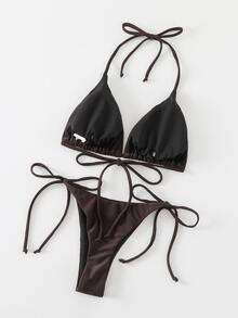 Swim Basics 女士纯色性感系带比基尼泳装套装，夏季海滩度假沙滩装 - 咖啡棕 - 查看 7