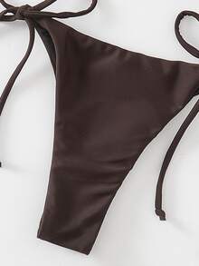 Swim Basics 女士纯色性感系带比基尼泳装套装，夏季海滩度假沙滩装 - 咖啡棕 - 查看 5