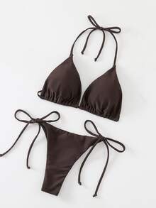 Swim Basics 女士纯色性感系带比基尼泳装套装，夏季海滩度假沙滩装 - 咖啡棕 - 查看 4