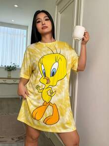 LOONEY TUNES X SHEIN 大尺碼女款卡通印花休閒日常居家睡裙 - 黃色 - 查看 3