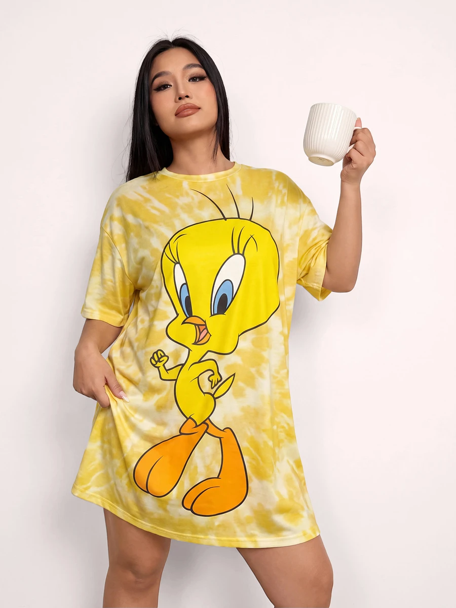 LOONEY TUNES X SHEIN 大尺碼女款卡通印花休閒日常居家睡裙 - 黃色 - 查看 1