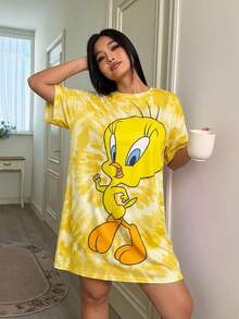 LOONEY TUNES X SHEIN 大尺碼女款卡通印花休閒日常居家睡裙 - 黃色 - 查看 5
