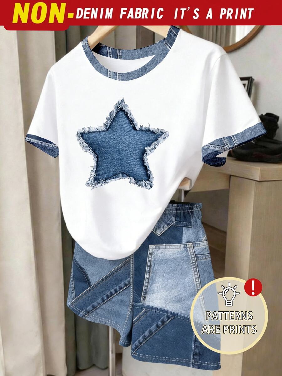 Tween Girls Digital Diamond Pattern Short Sleeve & Shorts Set, Casual Comfortable Autumn/Winter Outfit,Back To Schoo,Holidays,Colorful - White - View 1