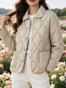 Easura Plus Size Women Solid Color Pocket Casual Normal Daily Winter Padded Coat Fashion Week Autumn Fall/Winter - Apricot - View 5
