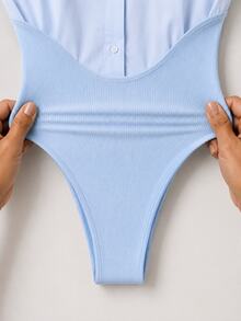 Zerodot Women Formal Blue Knit Shirt Bodysuit Casual Daily Fall Pre Fall - Blue - View 8
