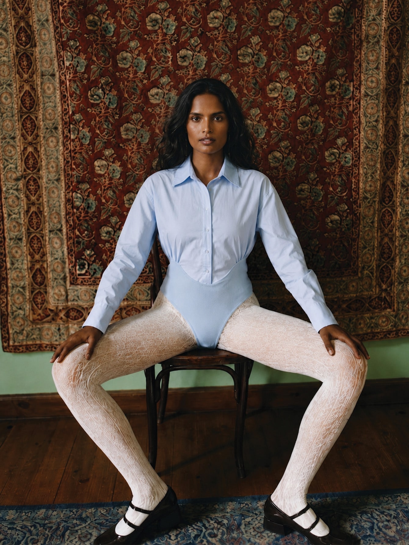 Formal Blue Knit Shirt Bodysuit