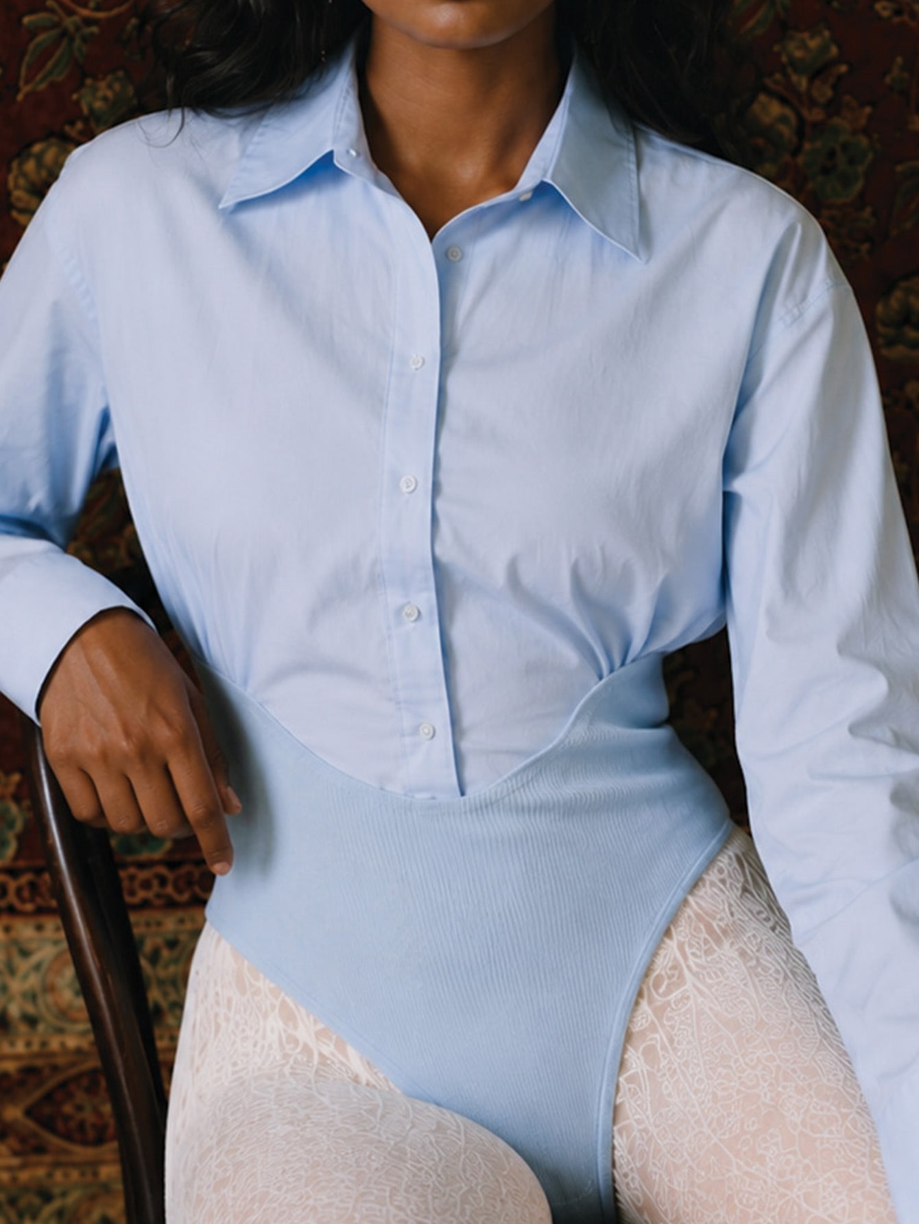 Formal Blue Knit Shirt Bodysuit, view 5