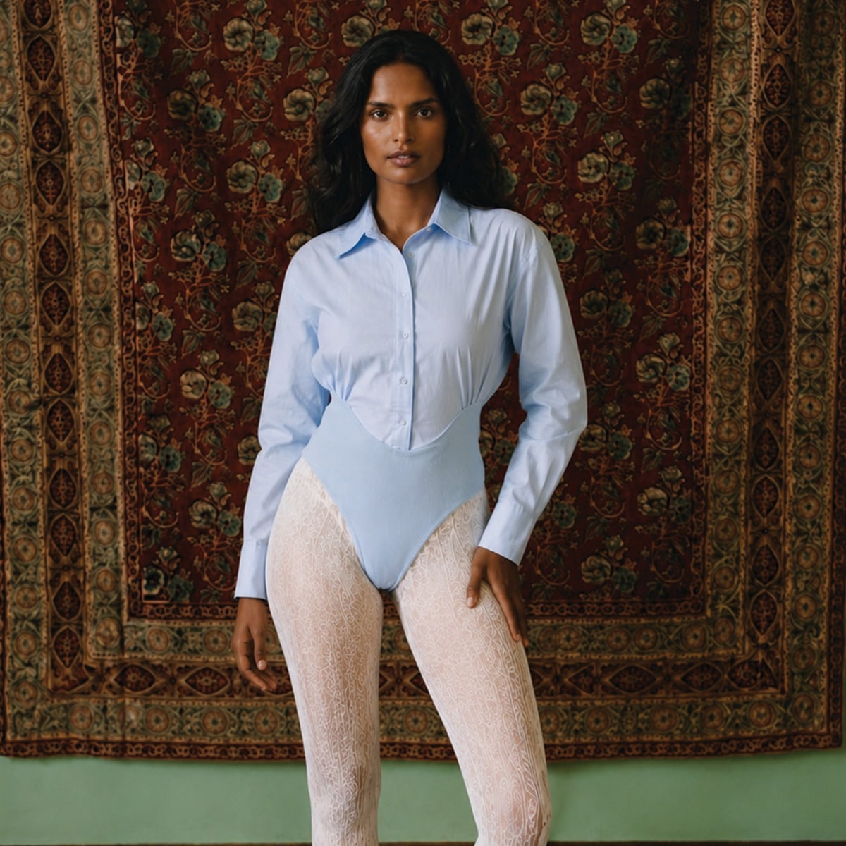 Formal Blue Knit Shirt Bodysuit, view 9
