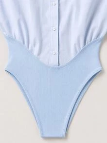 Zerodot Women Formal Blue Knit Shirt Bodysuit Casual Daily Fall Pre Fall - Blue - View 7
