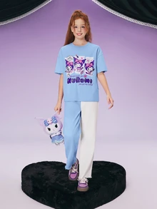 HELLO KITTY AND FRIENDS | SHEIN 少女卡通图案休闲可爱针织短袖T恤，夏季 - 藍色 - 查看 6