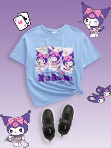 HELLO KITTY AND FRIENDS | SHEIN 少女卡通图案休闲可爱针织短袖T恤，夏季 - 藍色 - 查看 4
