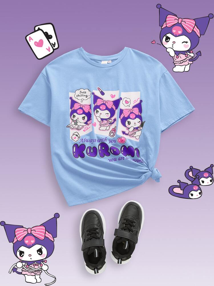 HELLO KITTY AND FRIENDS | SHEIN Tween Girl Cartoon Pattern Casual Cute Knit Short Sleeve T-Shirt, Summer - Blue - View 4